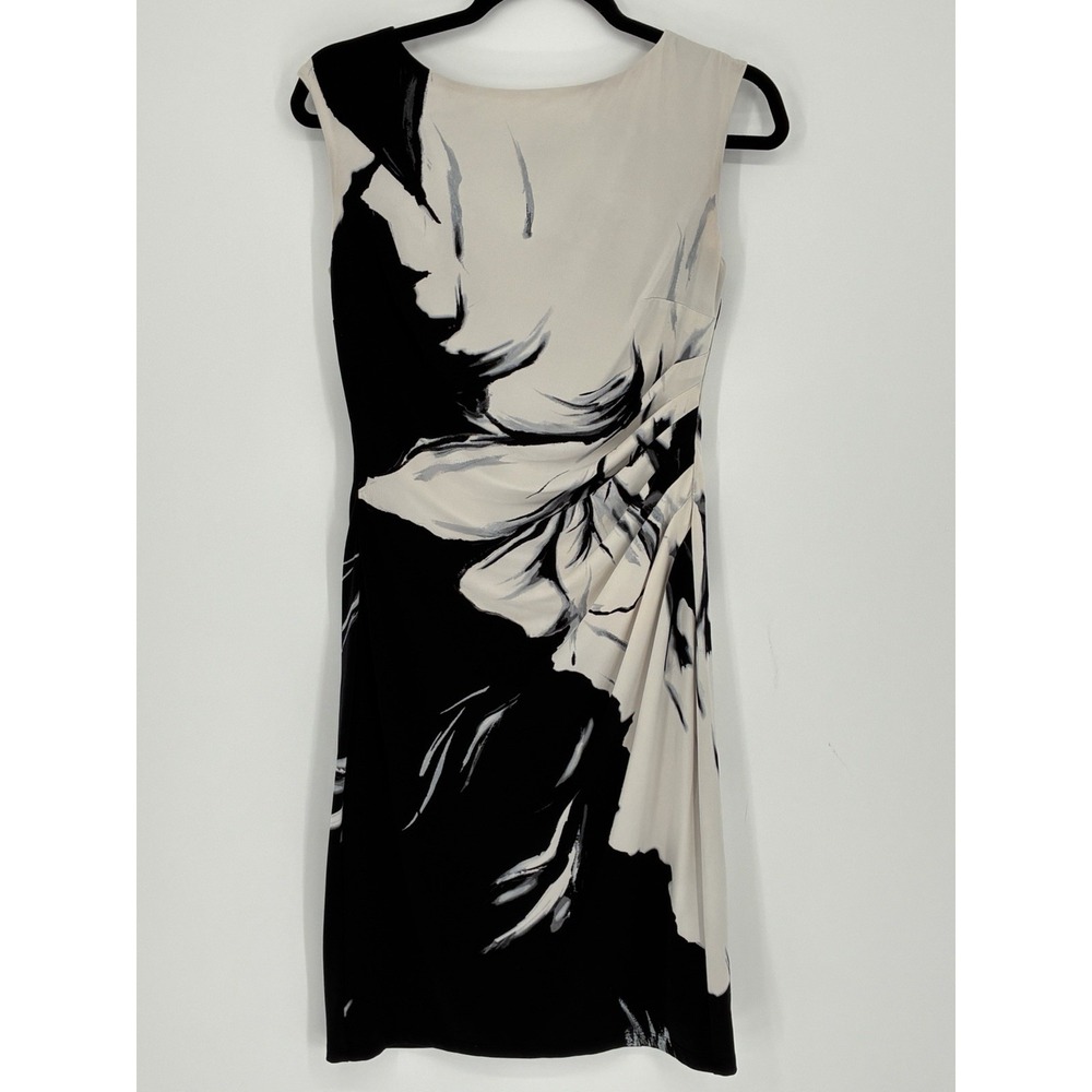 Lauren Ralph Lauren Dress Size 6 Black Ivory Floral Ruched Sheath Sleeveless